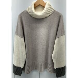 Garnet Hill Women's Color Block Sweater XL Taupe Gray Cream Turtleneck Relaxed